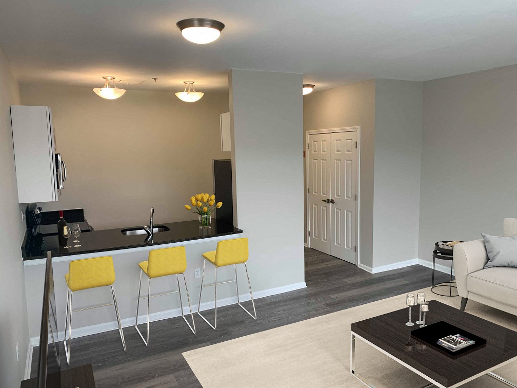 Open floor plan, stainless steel, granite